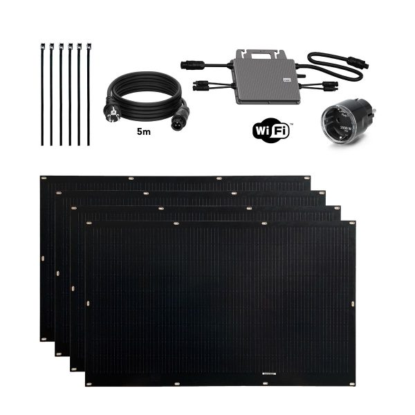 Self-installable Solar Kit Flex Full Black 800W x4 ultralight and flexible solar panels. Recommended use for balcony. Sale